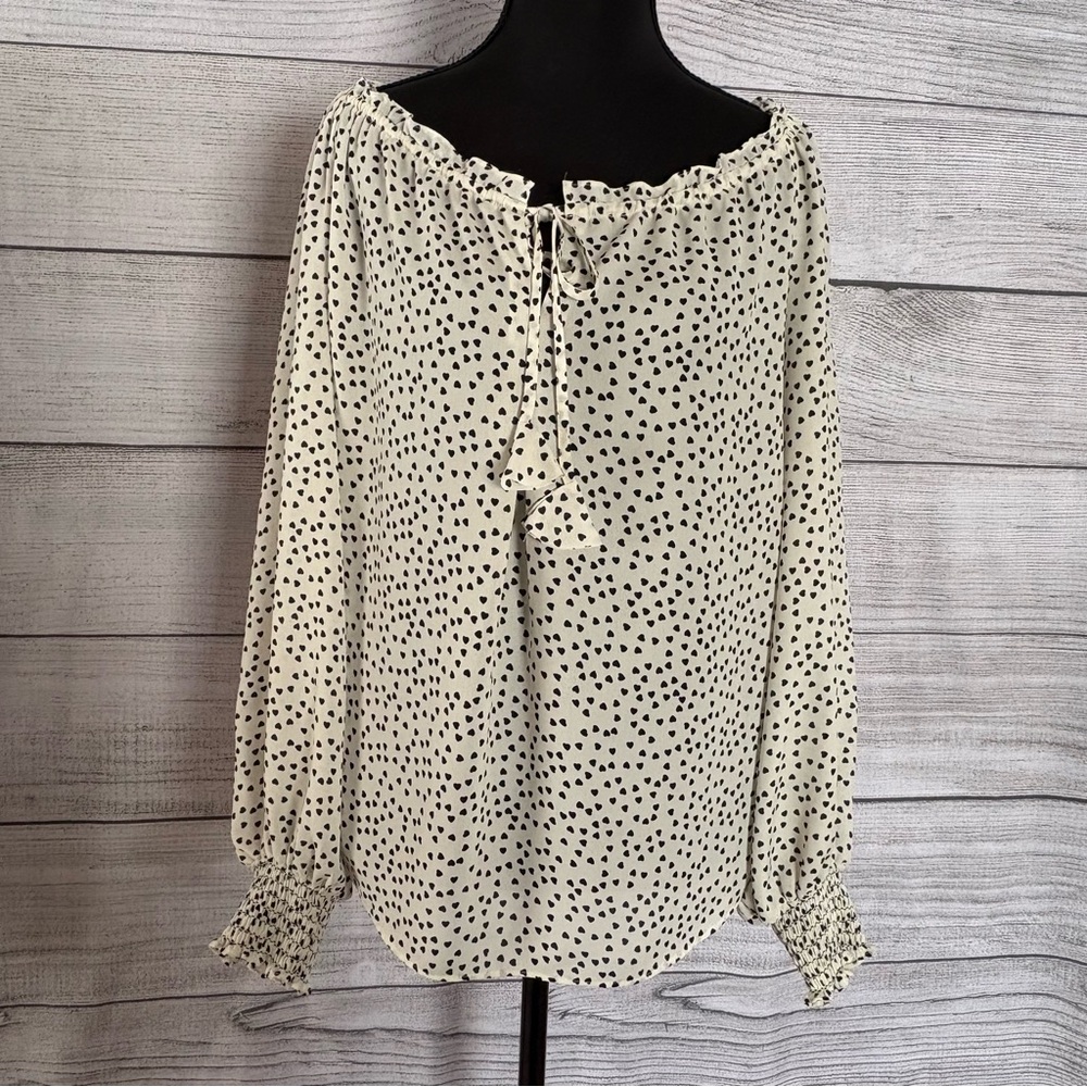 Max Studio Women's CreamTie Neck Long Sleeve Blouse with Black Heart Print ‎ S